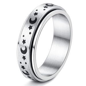 316L Stainless Steel Moon and Stars Fidget Anxiety Stress Relieving Spin Ring